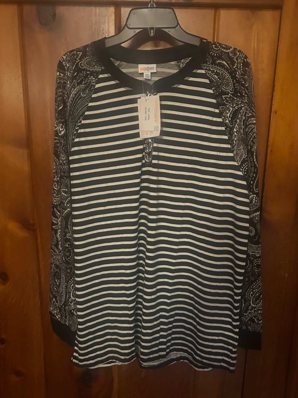 LuLaRoe Black & White Striped Henley with Paisley Raglan Sleeves Mark - 2XL